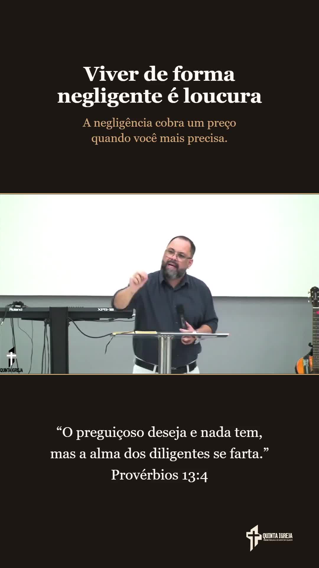 Corte vertical de uma pregação do pastor Marcelo, com título e identidade da Quinta Igreja Presbiteriana.
